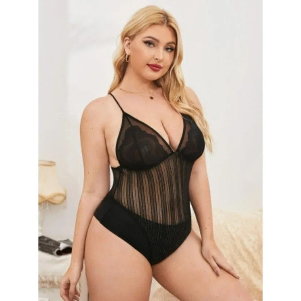 1X Plus Mesh Contrast Lace Teddy Bodysuit